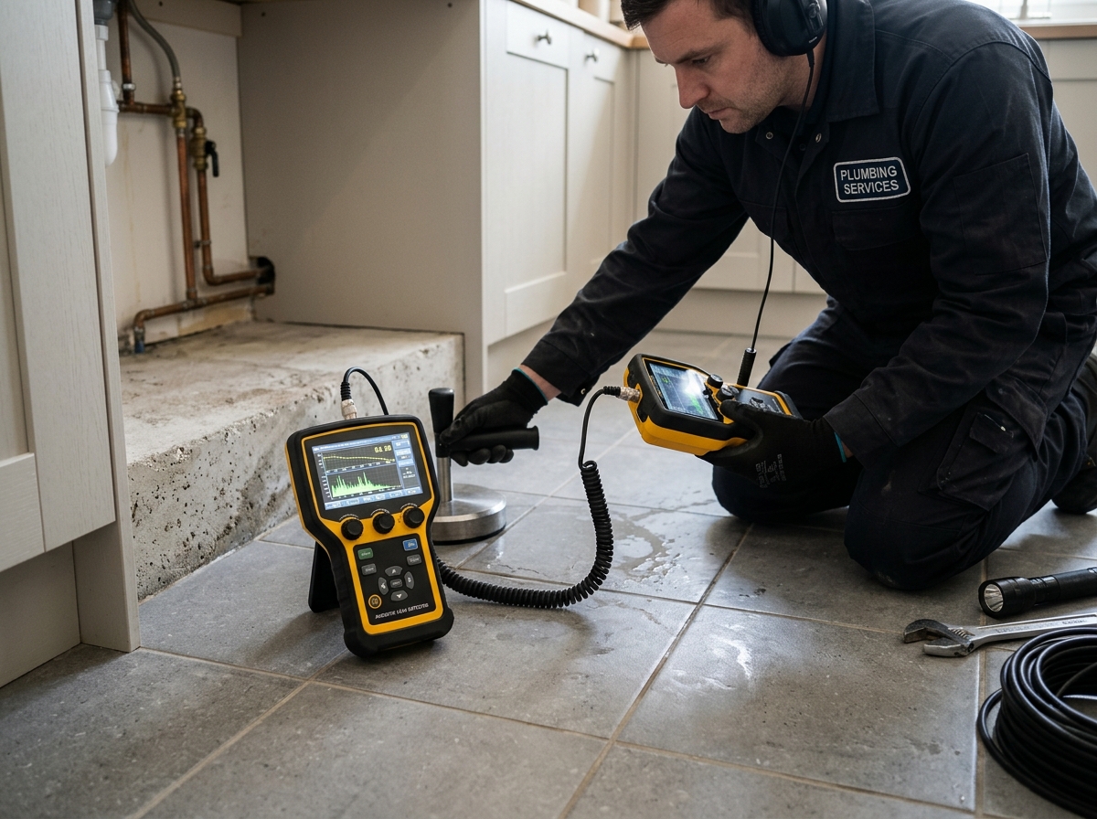 Plumbing technician compiling diagnostic slab leak insurance report
